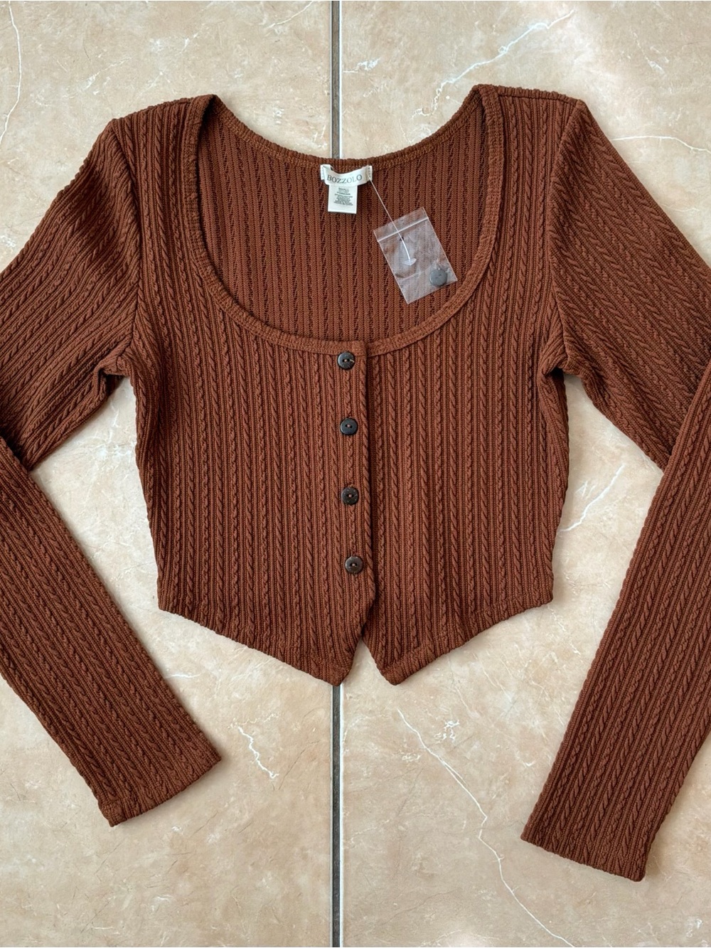 Bozzolo Ribbed Scoop-Neck Cropped Cardigan - Rust Brown